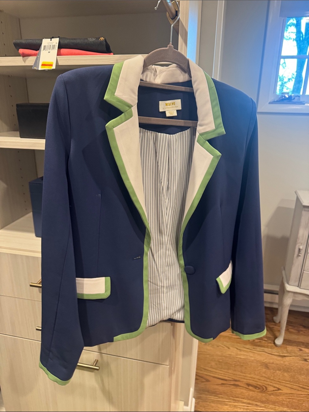 Maeve  Navy Blazer with White & Green Trim